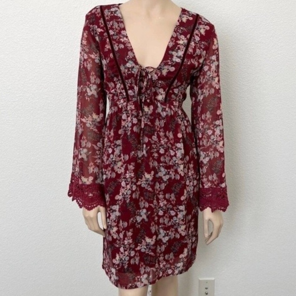 Coloration Burgundy floral long sleeve v neck dress with lace trim